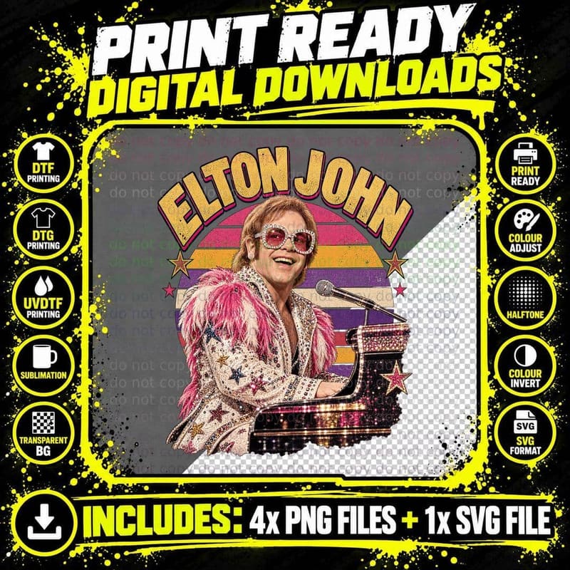 Elton 70s Glam Rock Piano Man Heart Sunglasses Pink Feather Boa Retro T-Shirt Png SVG Digital Bundle
