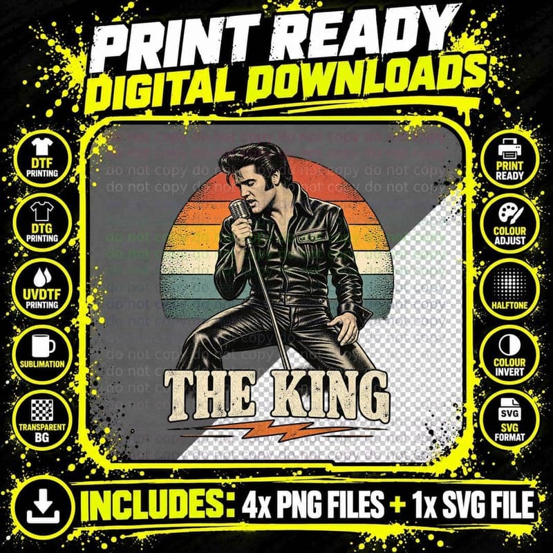 The King Elvis 1968 Black Leather Suit Microphone Rock and Roll Retro T-Shirt Png SVG Digital Bundle