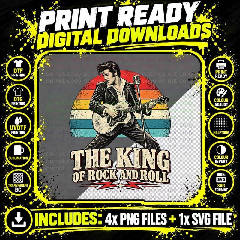 The King of Rock and Roll Elvis 50s Rockabilly Acoustic Guitar Vintage T-Shirt Png SVG Digital Bundle