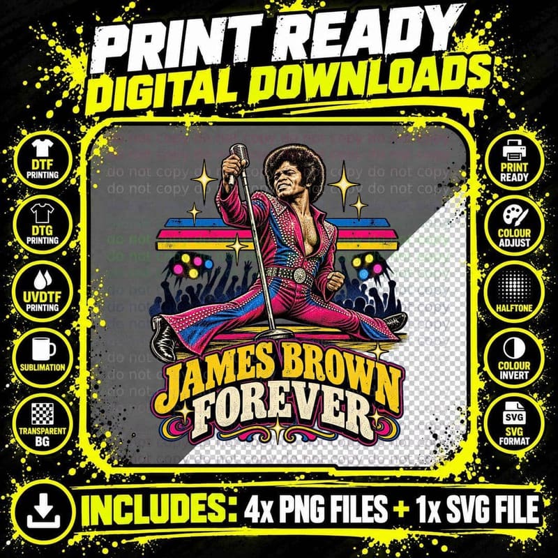 James Forever 70s Funk Soul Singer Splits Pink Jumpsuit Microphone Retro T-Shirt Png SVG Digital Bundle