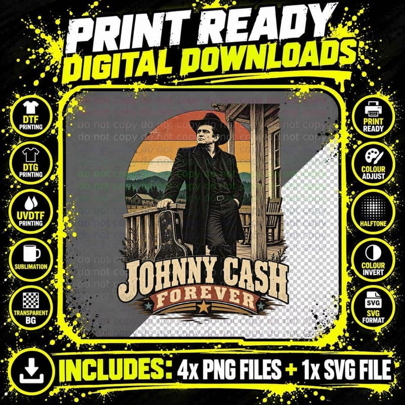 Johnny Forever Man in Black Country Singer Guitar Case Porch Vintage T-Shirt Png SVG Digital Bundle