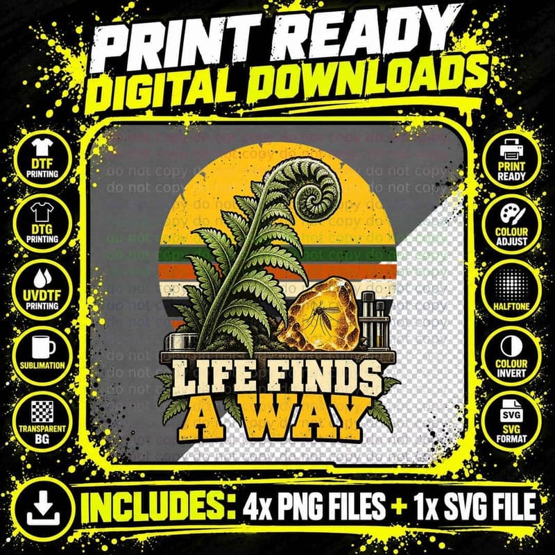 Life Finds a Way Dinosaur Amber 90s Sci Fi Movie Quote Retro Vintage T-Shirt Png SVG Digital Bundle