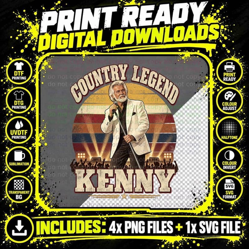 Country Legend Kenny White Suit Silver Beard Stage Lights 80s Singer T-Shirt Png SVG Digital Bundle