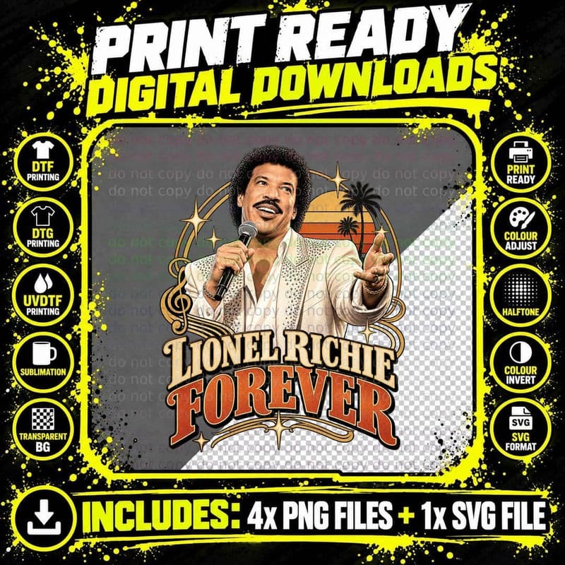 Lionel Forever 80s Soul Pop Singer White Suit Microphone Palm Trees T-Shirt Png SVG Digital Bundle