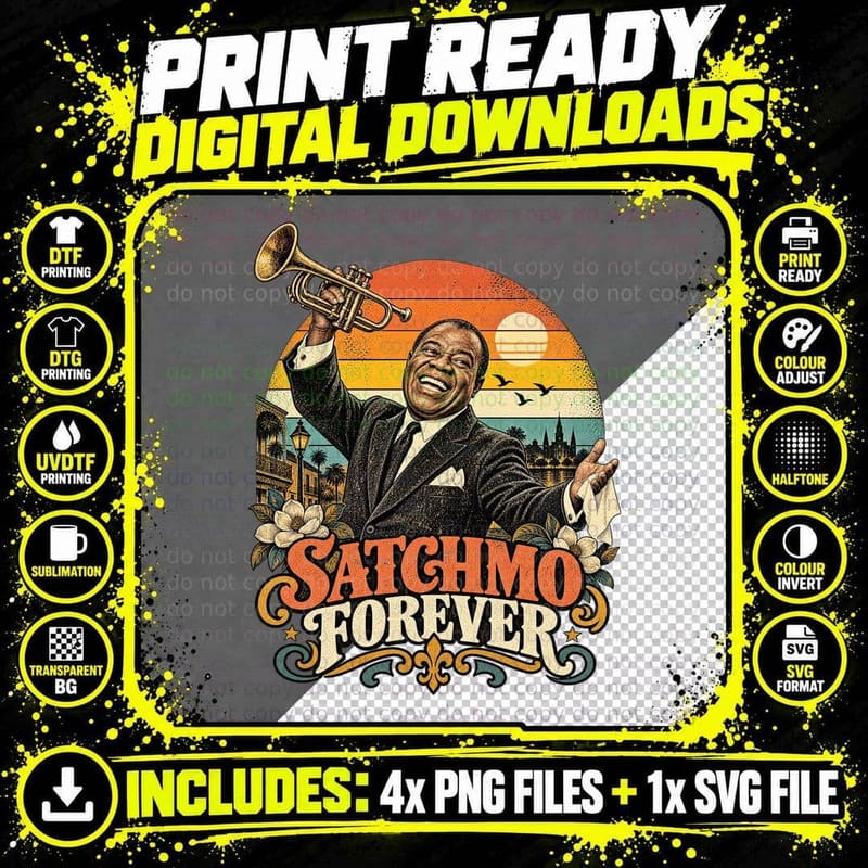 Satchmo Forever Jazz Trumpet Player New Orleans Retro Sunset Vintage T-Shirt Png SVG Digital Bundle