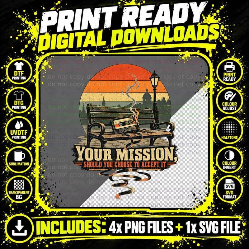 Your Mission Should You Choose to Accept It Burning Tape Retro Spy T-Shirt Png SVG Digital Bundle