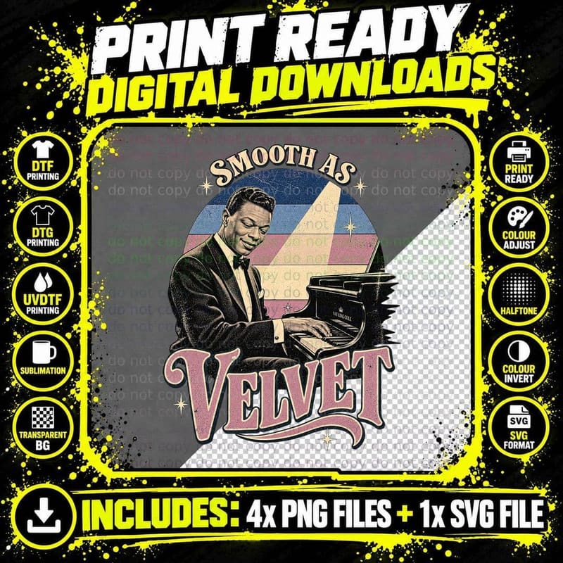 Smooth as Velvet Nat 50s Jazz Crooner Piano Spotlight Retro Sunset T-Shirt Png SVG Digital Bundle