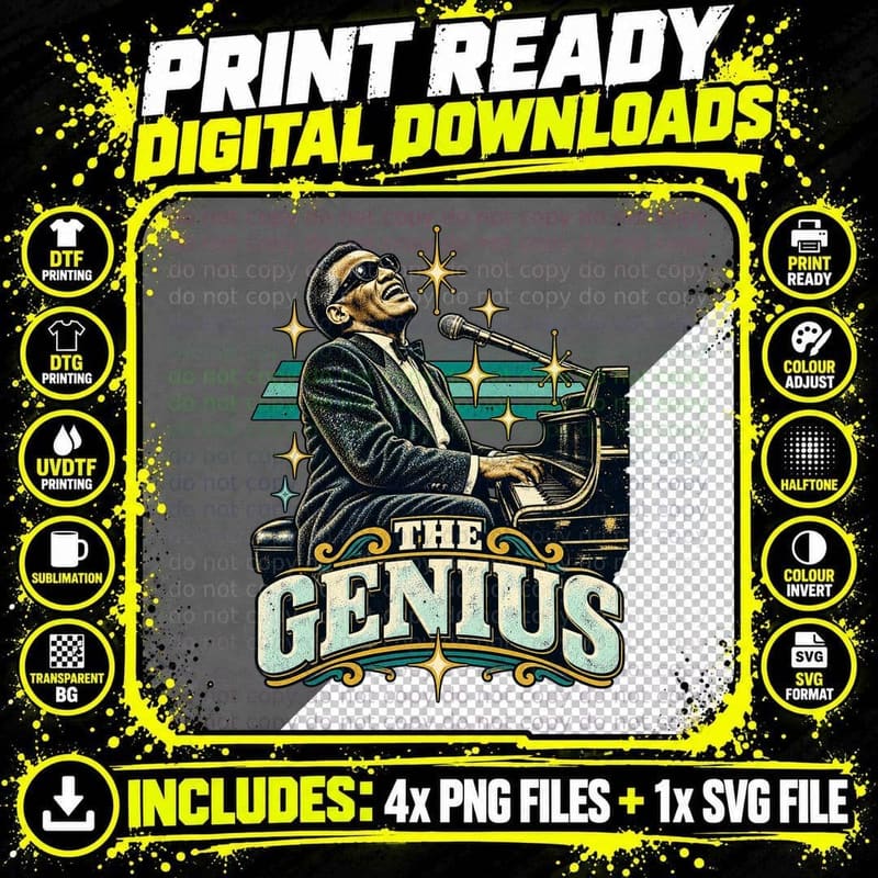 The Genius Ray Soul Singer Piano Sunglasses 60s Rhythm and Blues Retro T-Shirt Png SVG Digital Bundle