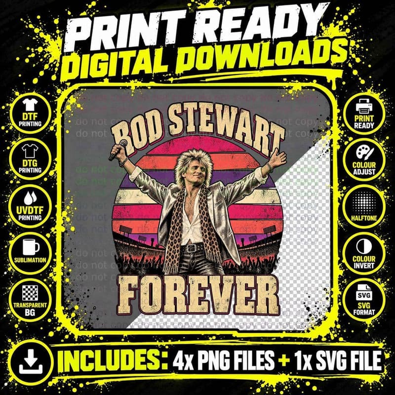 Rod Forever 70s Rock Singer Leopard Scarf Stadium Crowd Retro Sunset T-Shirt Png SVG Digital Bundle