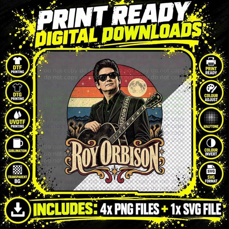 Roy 60s Rockabilly Singer Guitar Dark Sunglasses Full Moon Retro Sunset T-Shirt Png SVG Digital Bundle