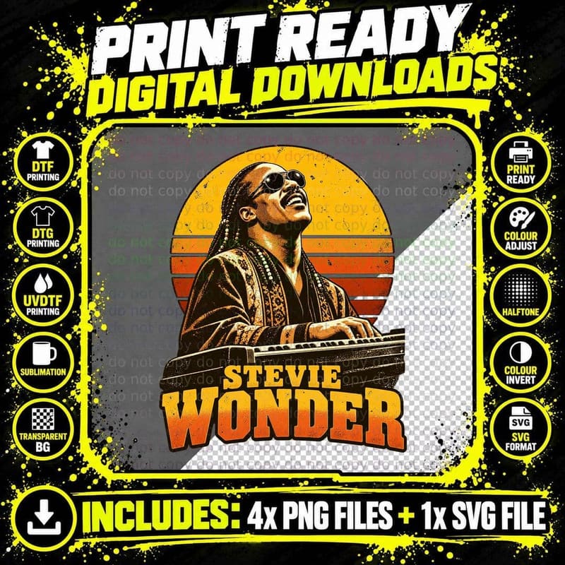 Stevie 70s Soul Singer Playing Keyboard Braids Sunglasses Retro Sunset T-Shirt Png SVG Digital Bundle