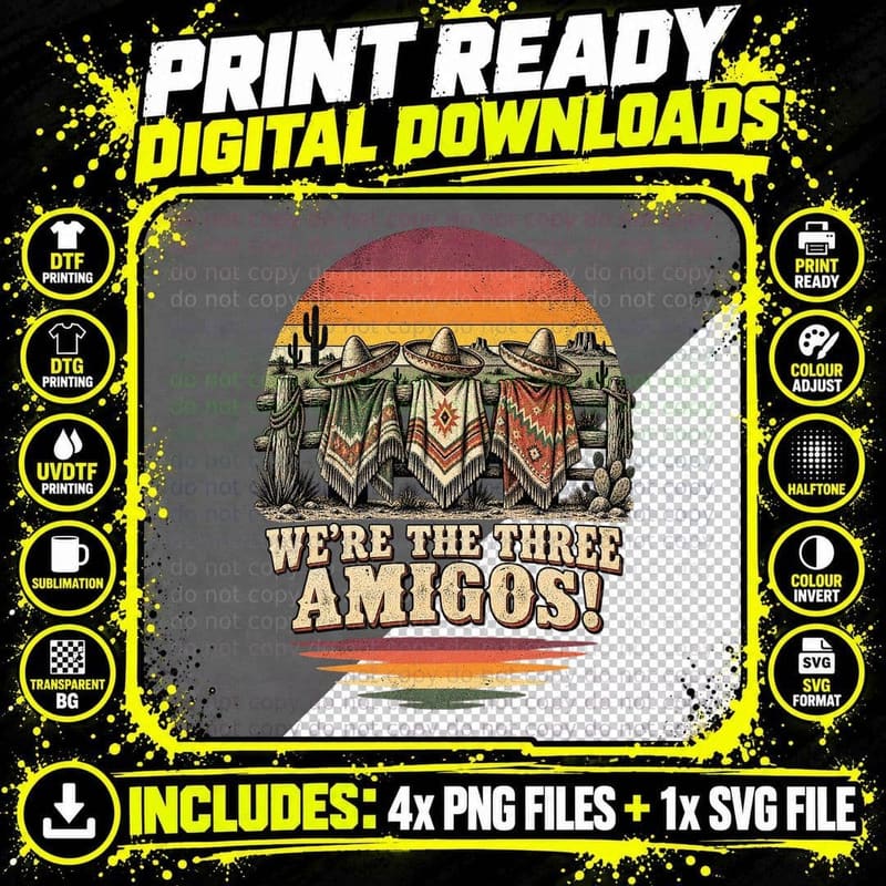 Three Sombreros and Ponchos on Desert Fence Cactus 80s Western Comedy T-Shirt Png SVG Digital Bundle
