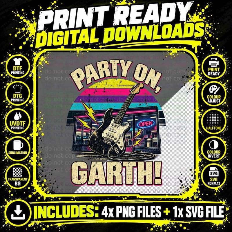 Party On Garth 90s Rock Comedy Movie Quote Retro Vintage Electric Guitar T-Shirt Png SVG Digital Bundle