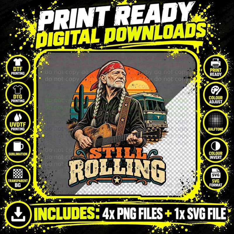 Willie Nelson Still Rolling Retro Country Road Trip Png SVG Digital Bundle