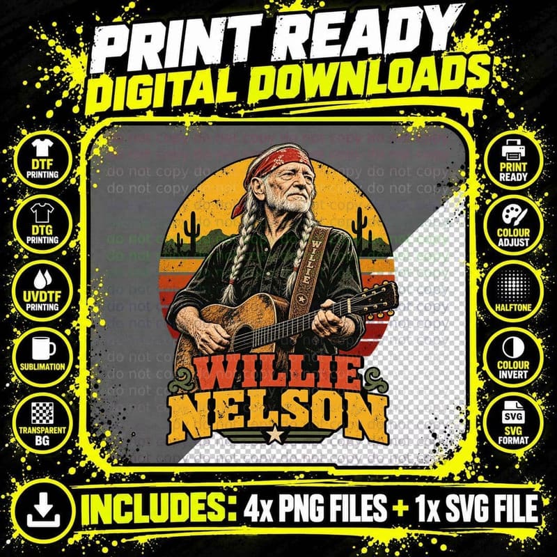 Willie Outlaw Country Singer Red Bandana Braids Guitar Retro Sunset T-Shirt Png SVG Digital Bundle