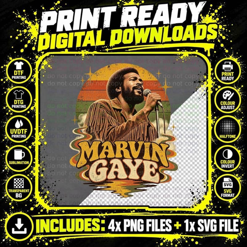 Marvin 70s Motown Soul Singer Fringe Suede Jacket Groovy Retro Sunset T-Shirt Png SVG Digital Bundle