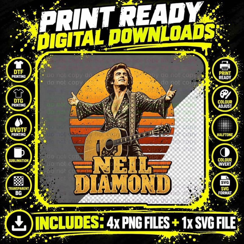 Neil 70s Pop Singer Sequin Shirt Open Arms Acoustic Guitar Retro Sunset T-Shirt Png SVG Digital Bundle