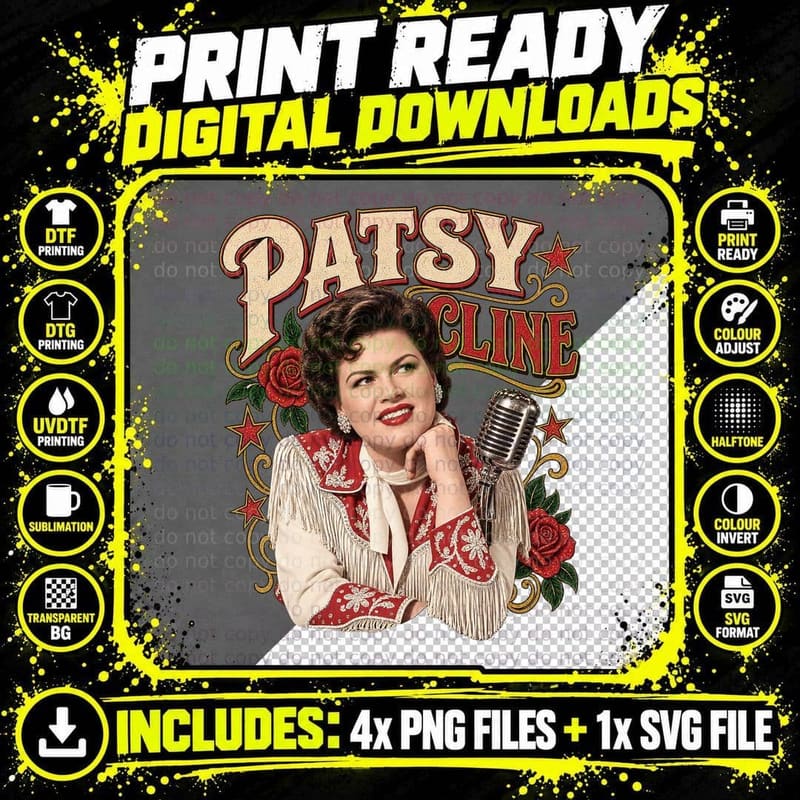 Patsy 50s Country Singer Red Western Fringe Shirt Roses Microphone Retro T-Shirt Png SVG Digital Bundle