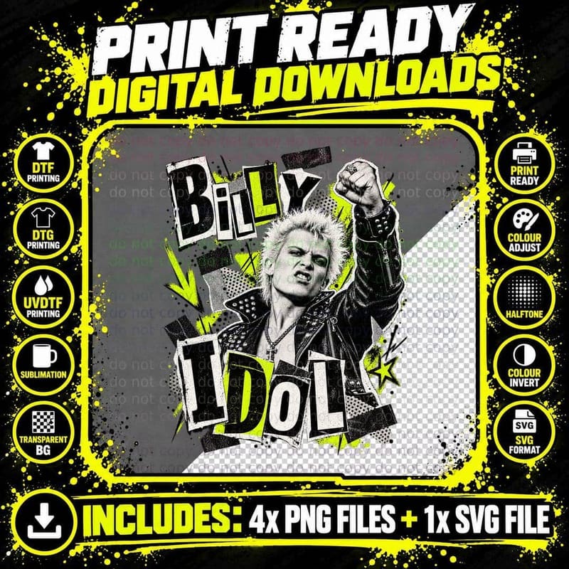 Billy 80s Punk Rock Rebel Bleached Spiky Hair Sneer Retro Music T-Shirt Png SVG Digital Bundle