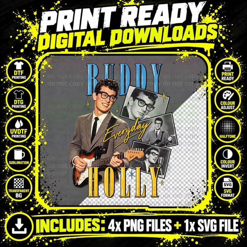 Buddy Holly Vintage 50s Rockabilly Guitar Music Retro Png SVG Digital Bundle