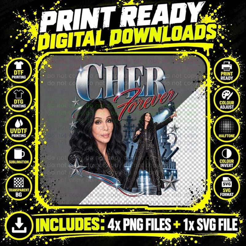 Cher Forever Pop Diva Singer Vintage Retro 80s Rock Glam Leather Icon T-Shirt Png SVG Digital Bundle