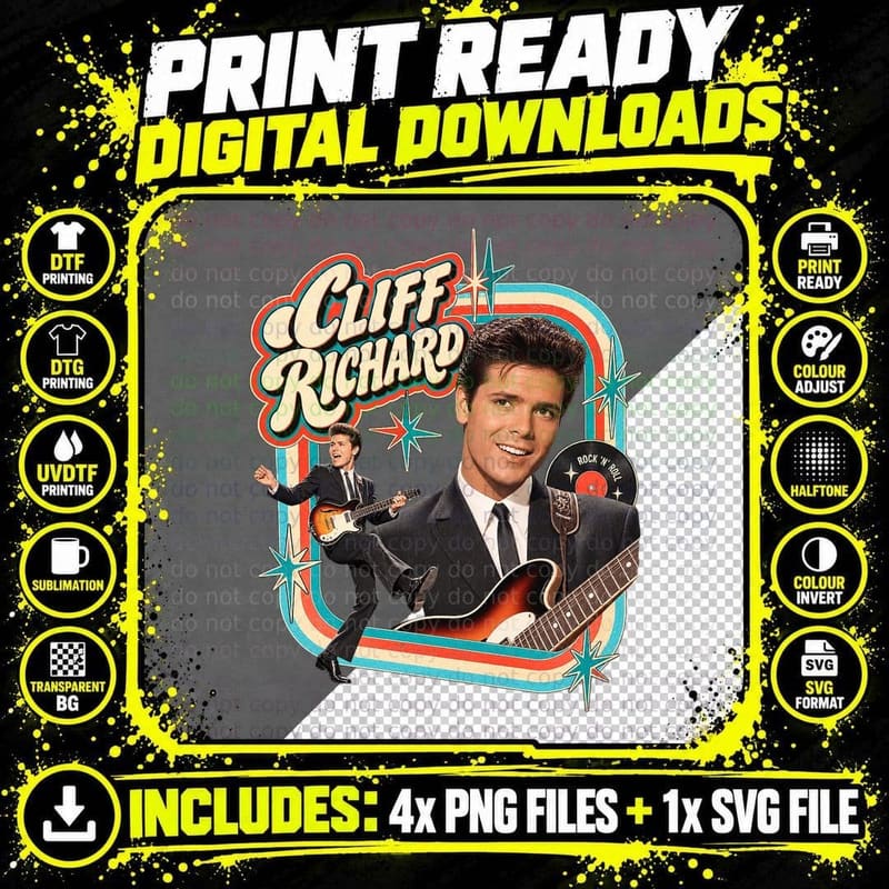 Cliff 60s British Pop Singer Vintage Retro Rock n Roll Guitar Legend T-Shirt Png SVG Digital Bundle