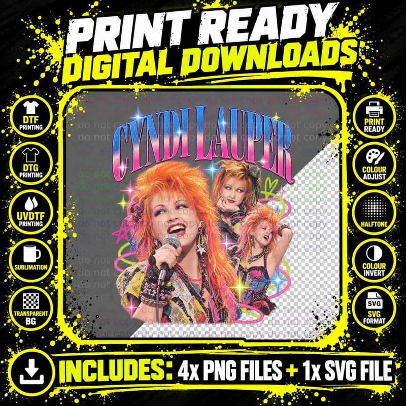 Cyndi 80s Pop Singer Vintage Retro Rainbow Hair Microphone Concert Icon T-Shirt Png SVG Digital Bundle