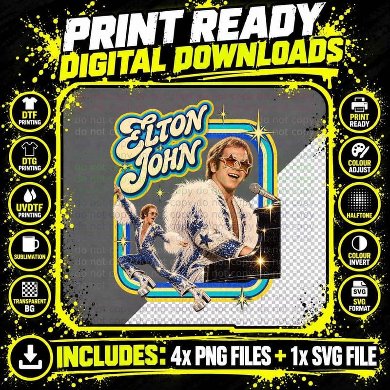 Elton 70s Glam Rock Pianist Retro Vintage Sequin Jumpsuit Platform Boots T-Shirt Png SVG Digital Bundle