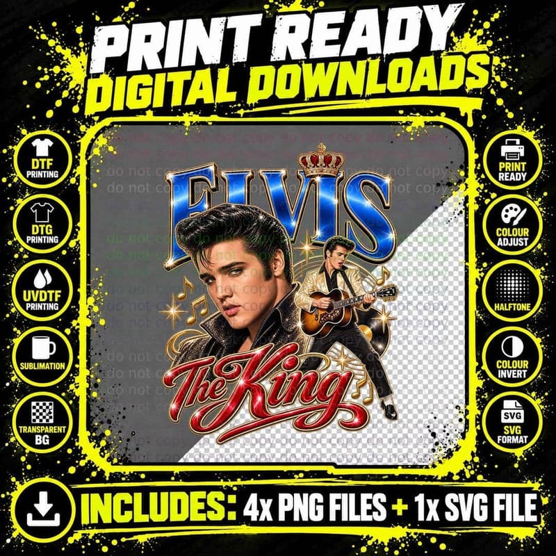 Elvis Presley The King 1950s Rockabilly Guitar Vintage Png SVG Digital Bundle