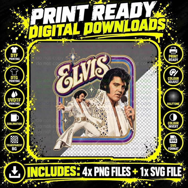 Elvis 70s Las Vegas Jumpsuit Rock n Roll King Retro Vintage Music Fan T-Shirt Png SVG Digital Bundle