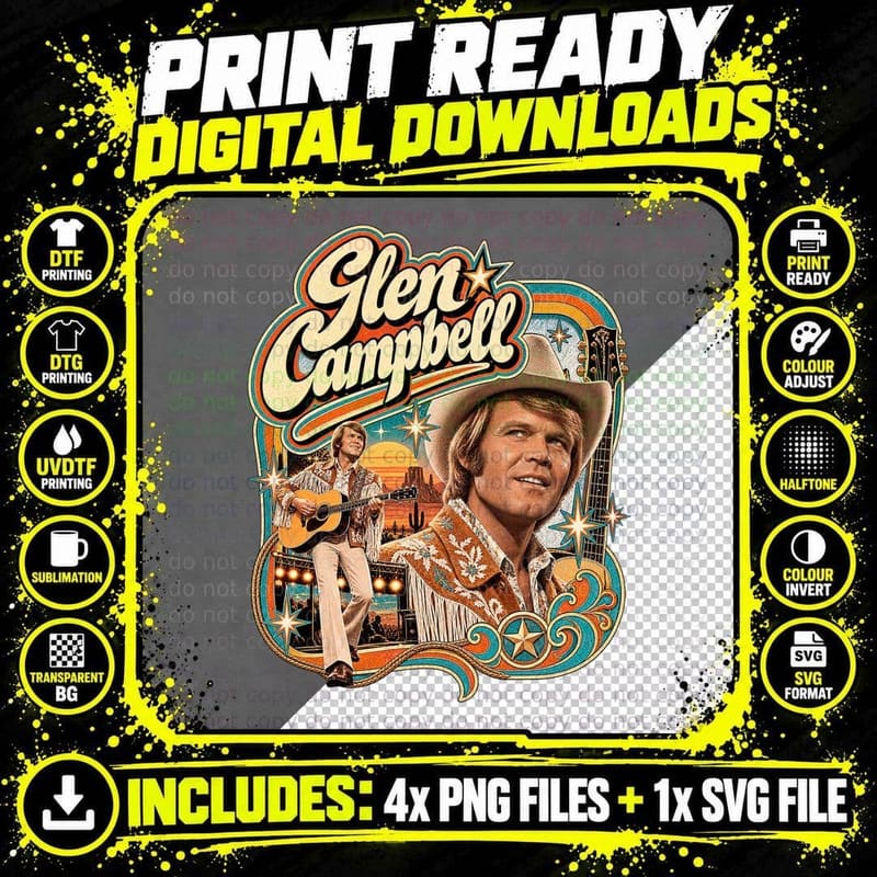 Glen Campbell Rhinestone Cowboy Retro 1970s Country Png SVG Digital Bundle