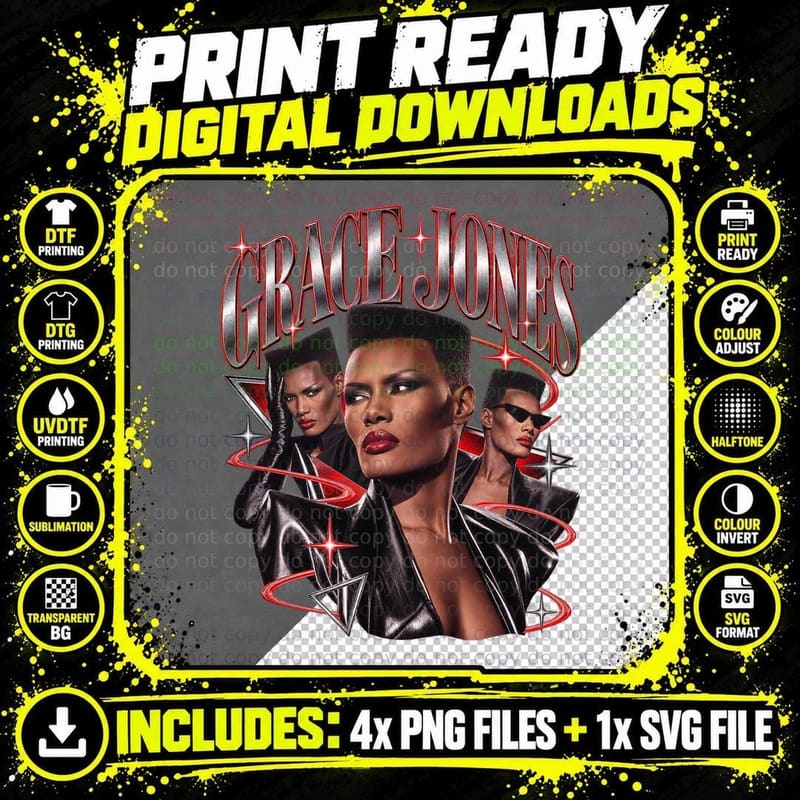 Grace 80s New Wave Disco Diva Retro Vintage Flat Top Leather Collage T-Shirt Png SVG Digital Bundle