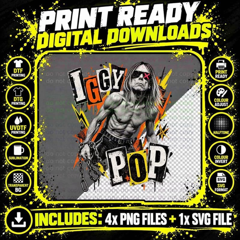 Iggy 70s Punk Rock Godfather Ransom Note Retro Vintage Shirtless T-Shirt Png SVG Digital Bundle