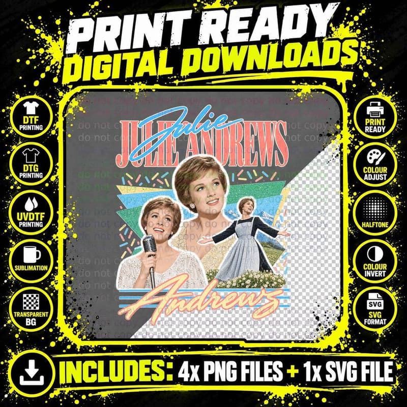 Julie 60s Musical Film Star Singer Retro Vintage Alpine Meadow Governess T-Shirt Png SVG Digital Bundle