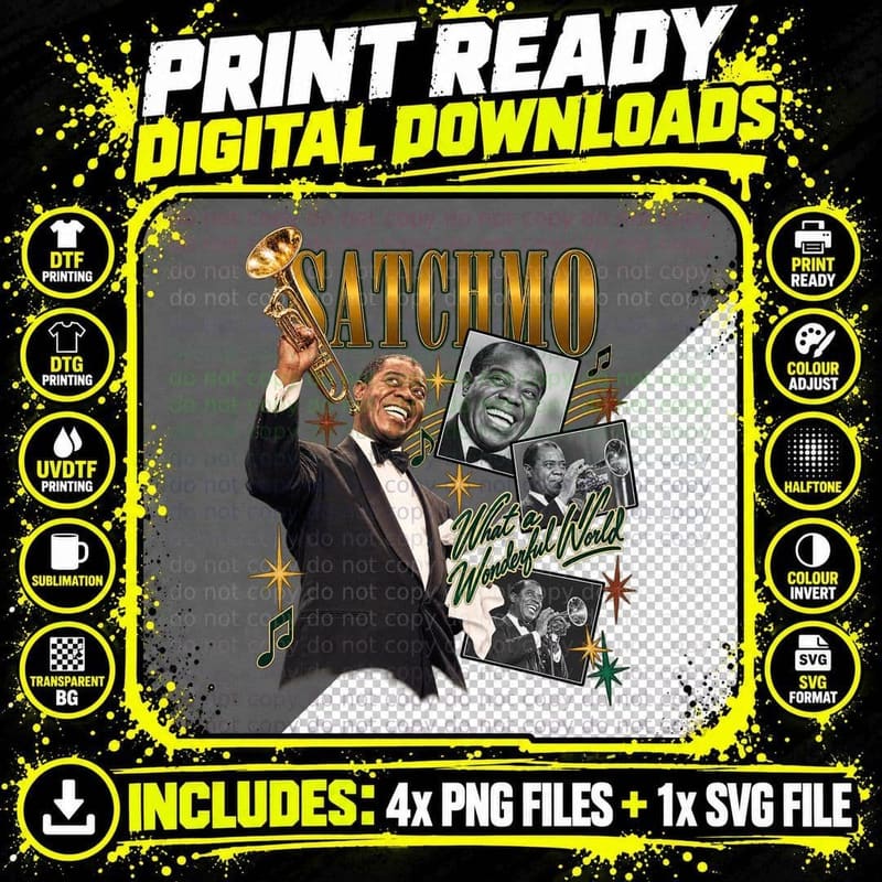 Louis Armstrong Satchmo Vintage 50s Jazz Trumpet Music Png SVG Digital Bundle