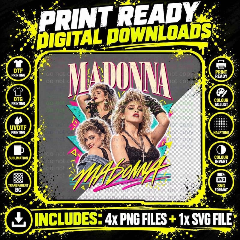 Madonna 80s Material Girl Pop Queen Retro Vintage Neon Lace Collage T-Shirt Png SVG Digital Bundle