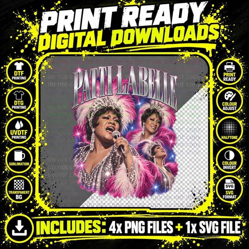 Patti 70s Soul Disco Diva Singer Retro Vintage Feather Headdress Glam T-Shirt Png SVG Digital Bundle