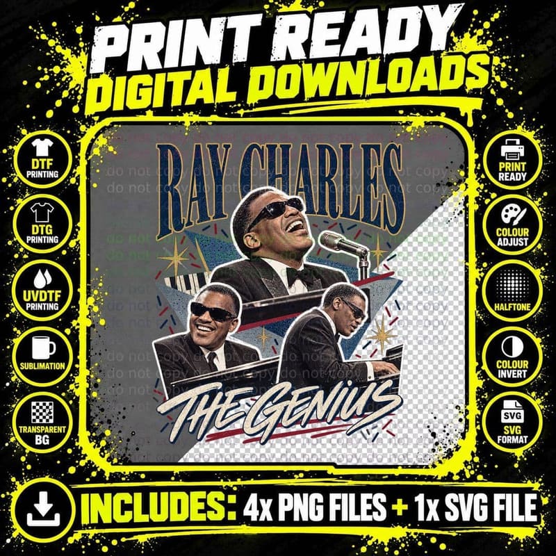 Ray Charles Vintage Collage The Genius 60s Retro Blues Png SVG Digital Bundle
