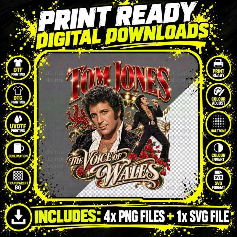 Tom The Voice of Wales Dragon Singer Retro Vintage 70s Red Roses Music T-Shirt Png SVG Digital Bundle