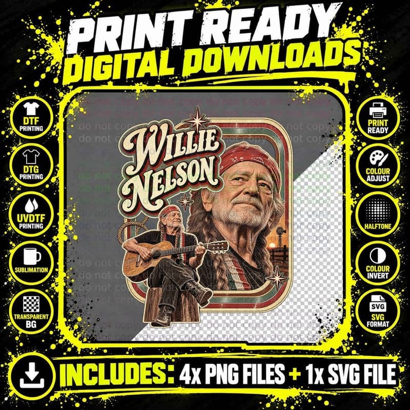 Willie Outlaw Country Singer Retro Vintage Red Bandana Guitar Music Fan T-Shirt Png SVG Digital Bundle