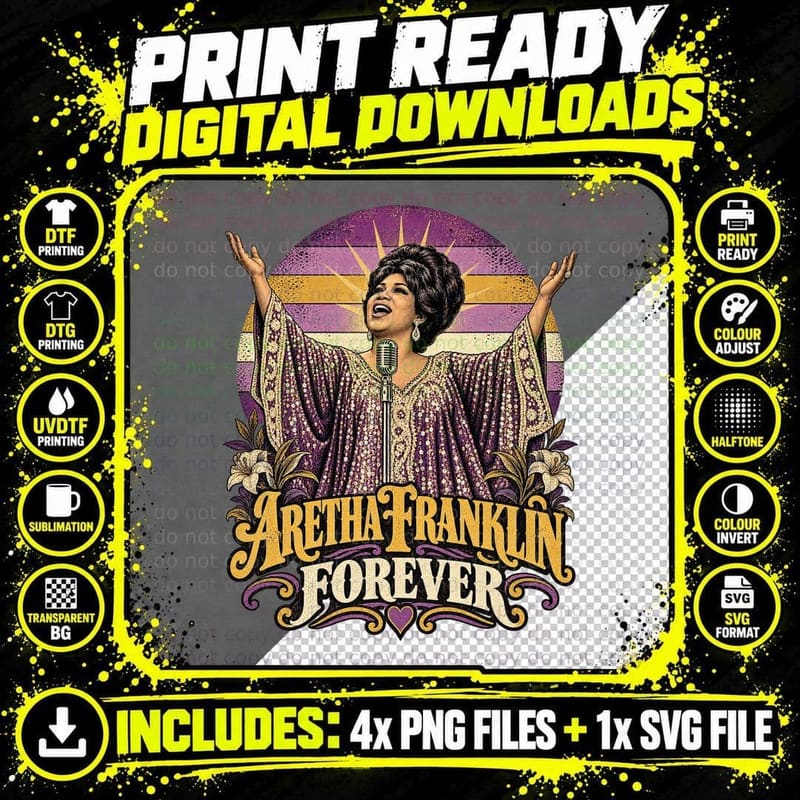 Aretha Forever Queen of Soul Gospel Singer Purple Sequin Kaftan Retro T-Shirt Png SVG Digital Bundle