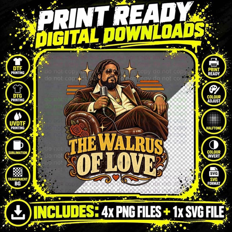 The Walrus of Love Barry 70s Soul Singer Brown Suit Leather Armchair T-Shirt Png SVG Digital Bundle