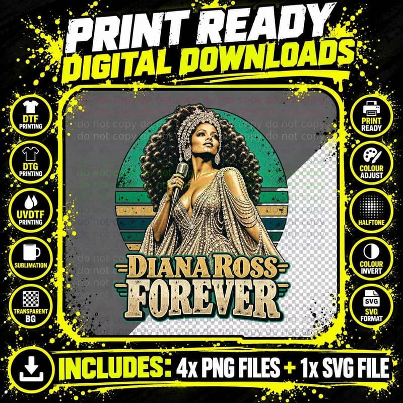 Diana Forever Motown Diva Big Hair Pearl Beaded Gown Retro Sunset T-Shirt Png SVG Digital Bundle