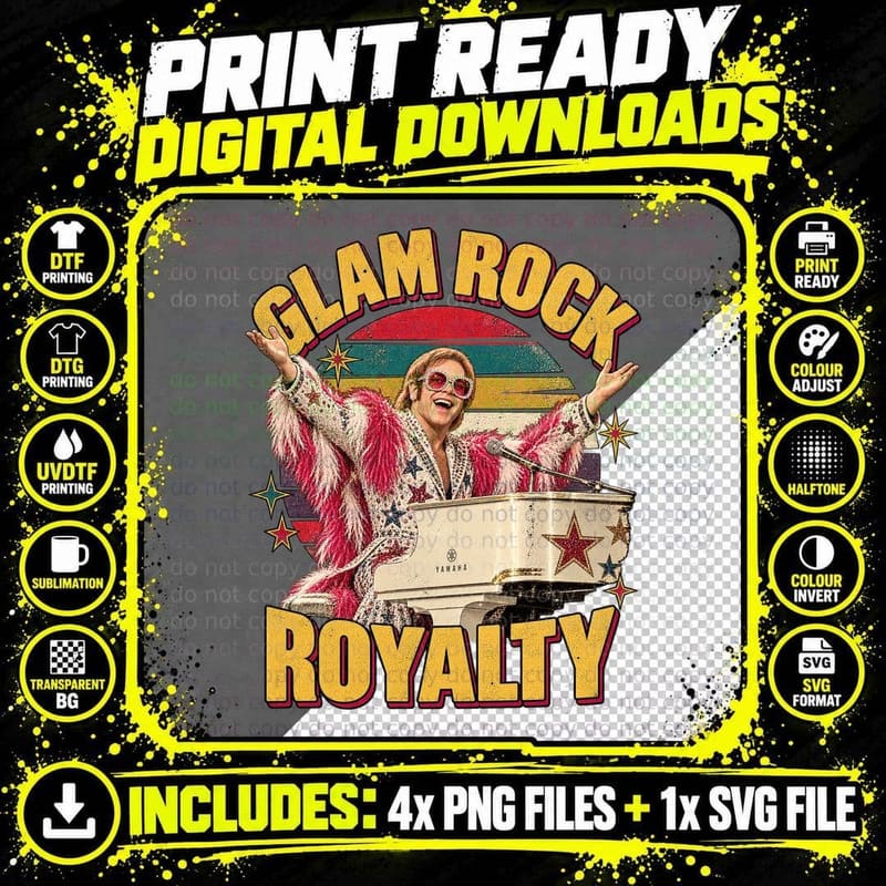 Glam Rock Royalty Elton 70s Piano Man Pink Feather Suit Star Sunglasses T-Shirt Png SVG Digital Bundle