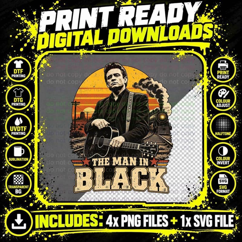 Johnny Cash The Man In Black Vintage Retro Railroad Png SVG Digital Bundle