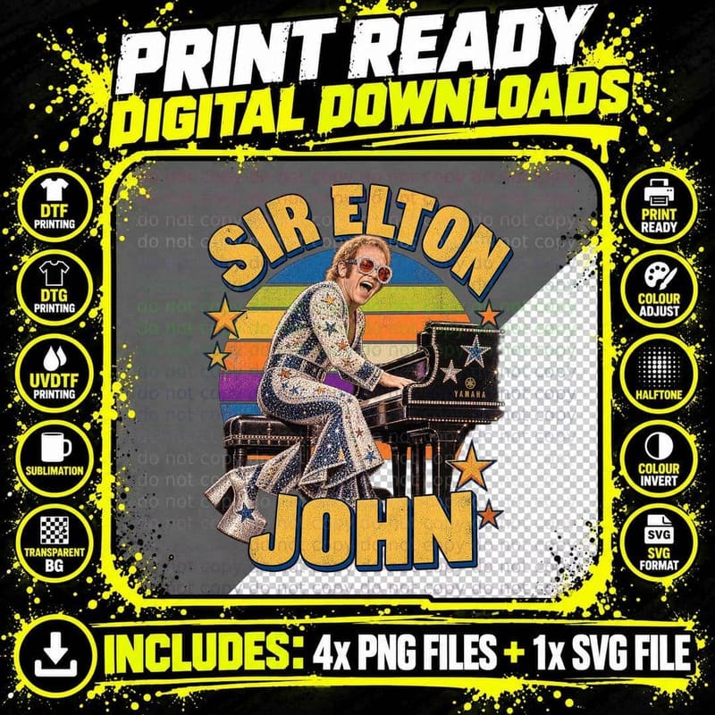 Sir Elton 70s Glam Rock Piano Man Star Jumpsuit Platform Boots Retro T-Shirt Png SVG Digital Bundle