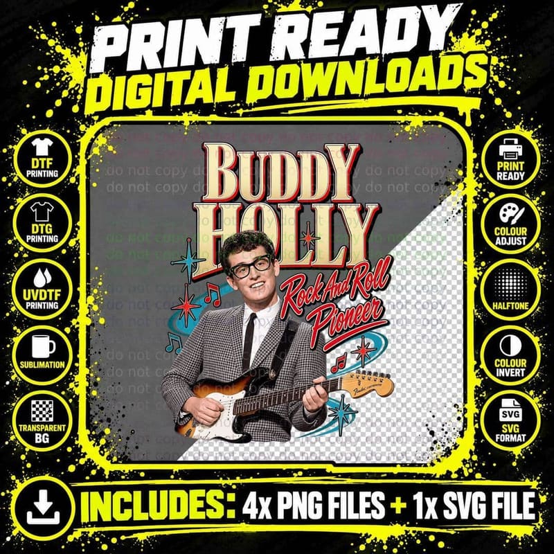 Buddy Rock and Roll Pioneer 50s Singer Retro Vintage Glasses Guitar T-Shirt Png SVG Digital Bundle