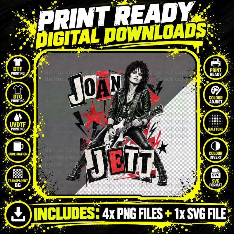 Joan 80s Rock Guitar Singer Punk Ransom Note Retro Vintage Black Leather T-Shirt Png SVG Digital Bundle