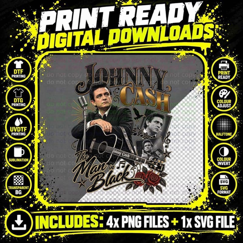 Johnny The Man in Black Country Legend Retro Vintage Guitar Red Roses T-Shirt Png SVG Digital Bundle