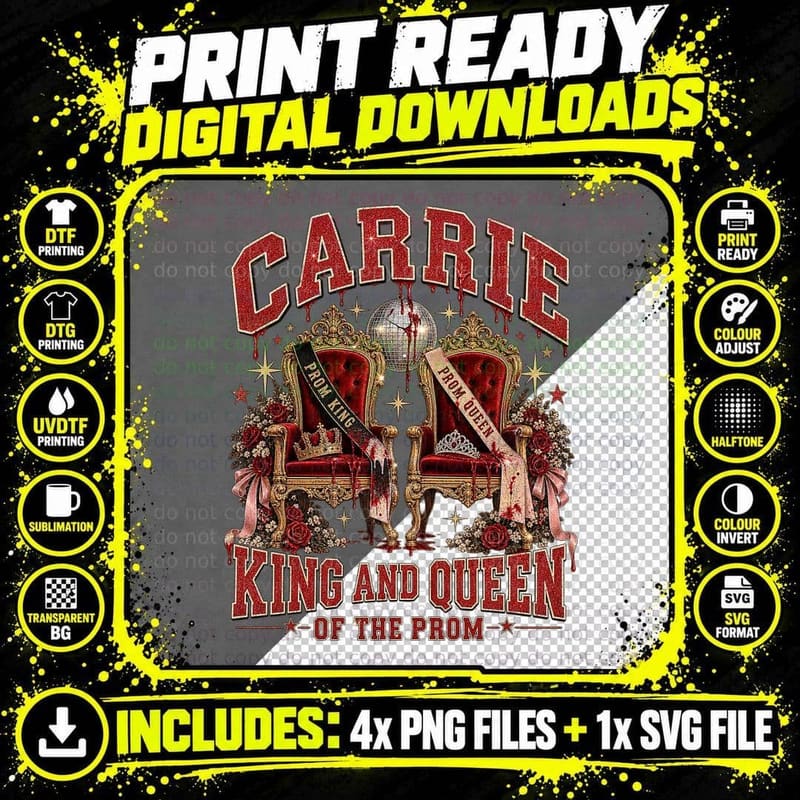 King And Queen Of The Prom Bloody Velvet Thrones Sashes 70s Horror T-Shirt Png SVG Digital Bundle